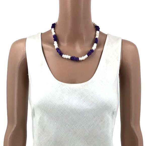Puka Shell Necklace Purple White 19 Inch Length - Picture 2 of 2